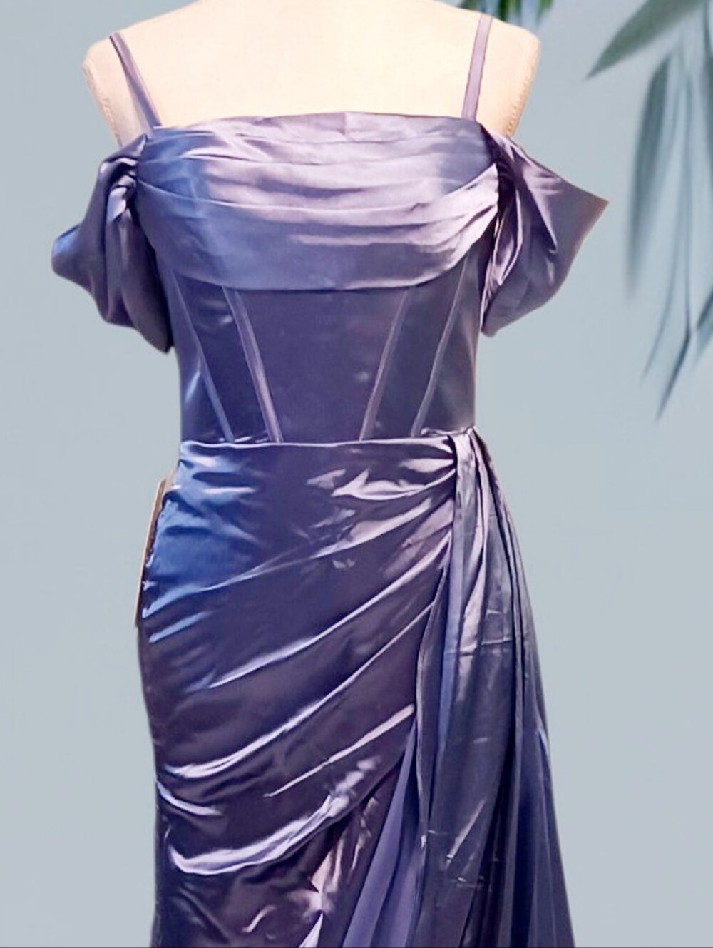 Elegant Blue Off-Shoulder Satin Evening Gown Ruched Skirt & A Ribbon Tie Back XS - Picture 2 of 7